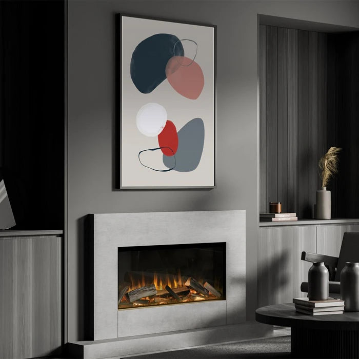 Element4 Elite 85 E Supreme elektrische inbouw sfeerhaard in een strakke witte wand met daarboven een kleurrijk schilderij