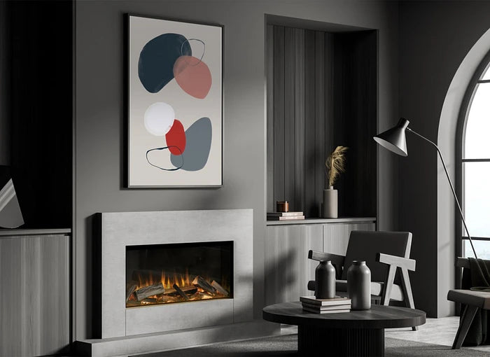 Moderne witte wand met Element4 Elite 85 E Supreme sfeerhaard en een opvallend kleurrijk kunstwerk erboven