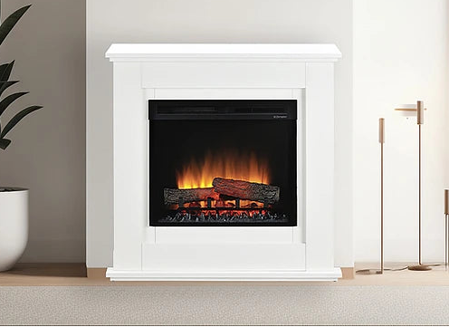 Dimplex Unity elektrische sfeerhaard met witte schouw en Opti-Flame vlambeeld